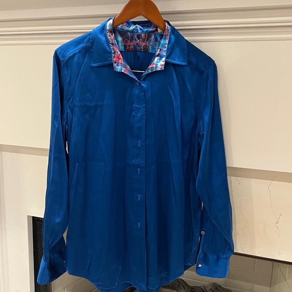 Robert Graham Shirt Blue Cobalt Diamante Button Up Flip Cuff Women’s Size M Silk - Picture 1 of 11